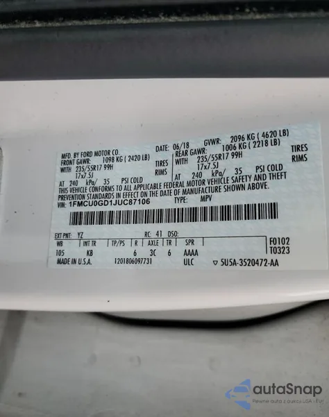 2018 Ford Escape Se z USA, uszkodzony, nr VIN 1FMCU0GD1JUC87106